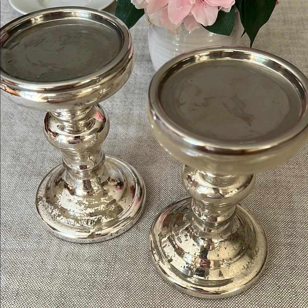 Crate&Barrel Distressed Silver Candle Holders